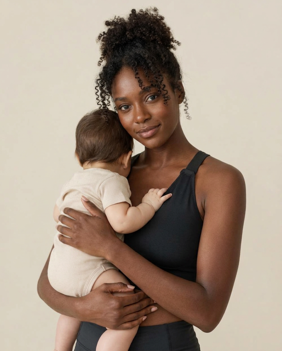 Mother in a black nursing athletic tank holding her baby
